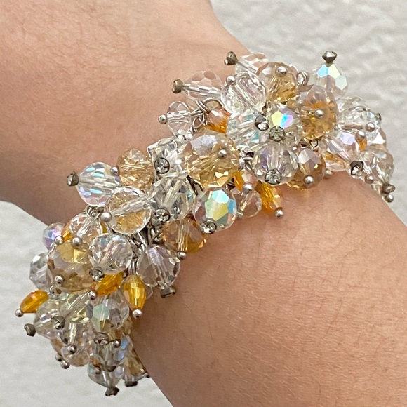 Vintage Citrine/Clear Crystal Beads Expandable Bracelet - Picture 3 of 12
